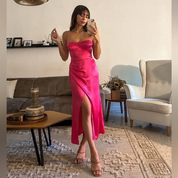 Reformation Marguerite Cocktail Midi Dress in Pink Flambe 100% Silk Size 10 NWT - Picture 2 of 10